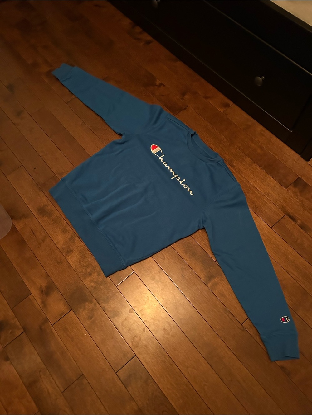 Champion Teal Blue Script Logo Sweatshirt